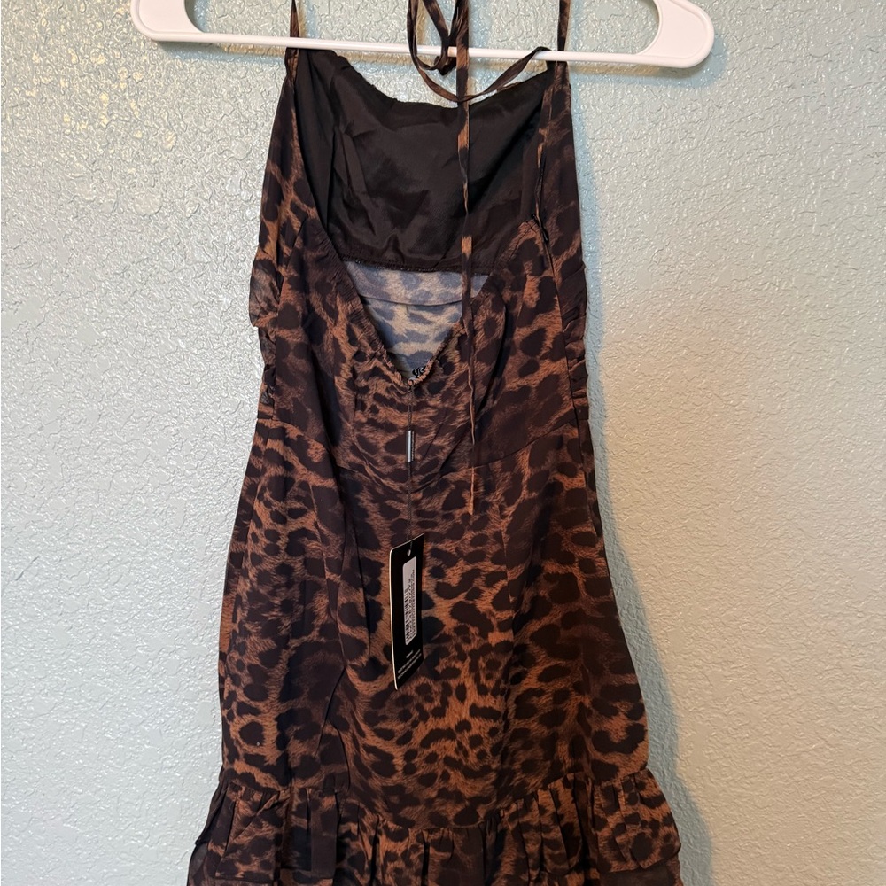 NWT DARK BROWN LEOPARD PRINT WOVEN HALTERNECK FRILL HEM BODYCON DRESS size 0 - Picture 6 of 7